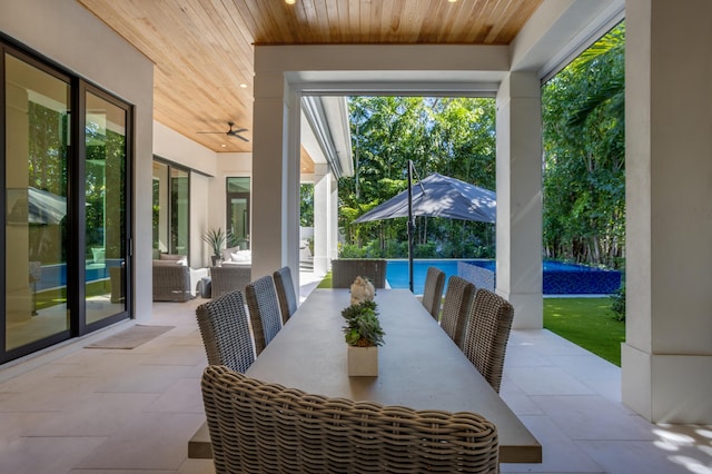 sunroom featuring ceiling fan and wooden ceiling