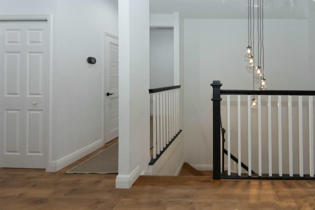 staircase with hardwood / wood-style flooring