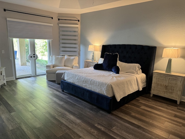 bedroom with dark hardwood / wood-style floors, access to exterior, and a barn door