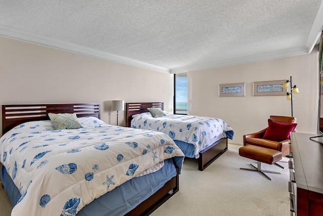 bedroom featuring crown molding, light carpet, and a textured ceiling