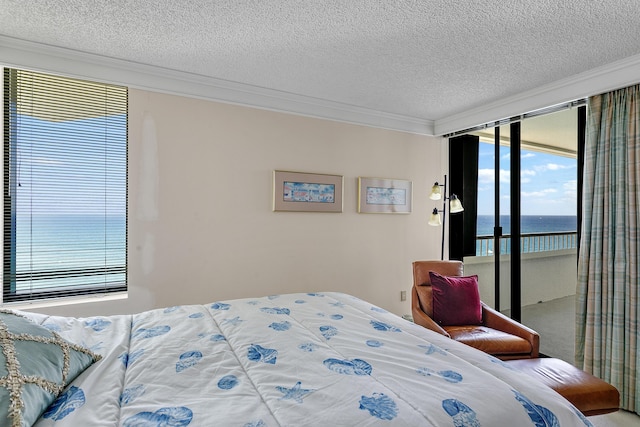 bedroom with access to exterior, ornamental molding, a textured ceiling, and a water view