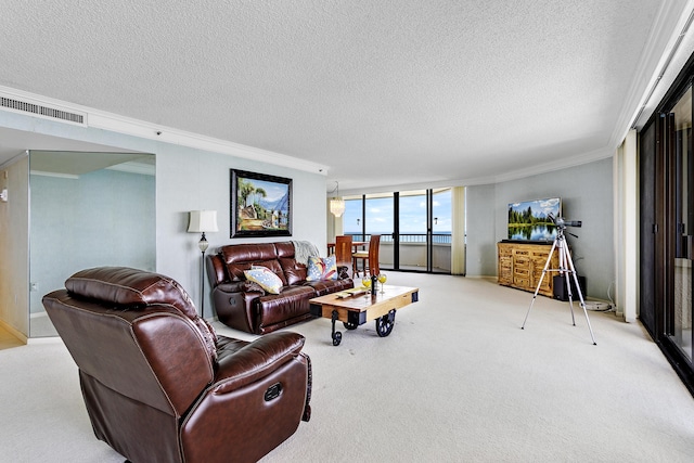 carpeted living room featuring crown molding, a wall of windows, and a textured ceiling