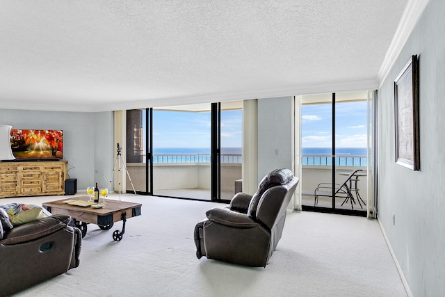 carpeted living room with a water view, ornamental molding, and a textured ceiling