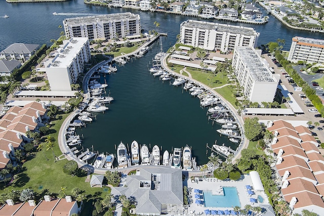 bird's eye view with a water view