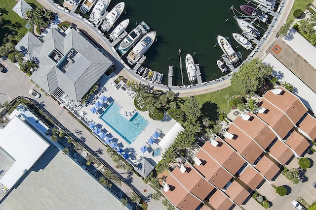 birds eye view of property featuring a water view