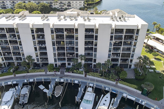 view of building exterior with a water view