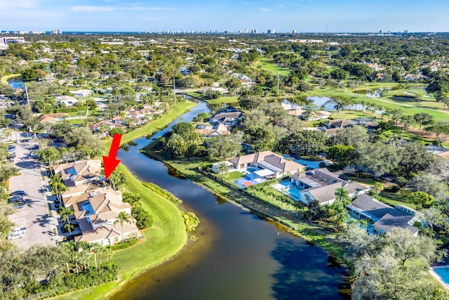 aerial view featuring a water view