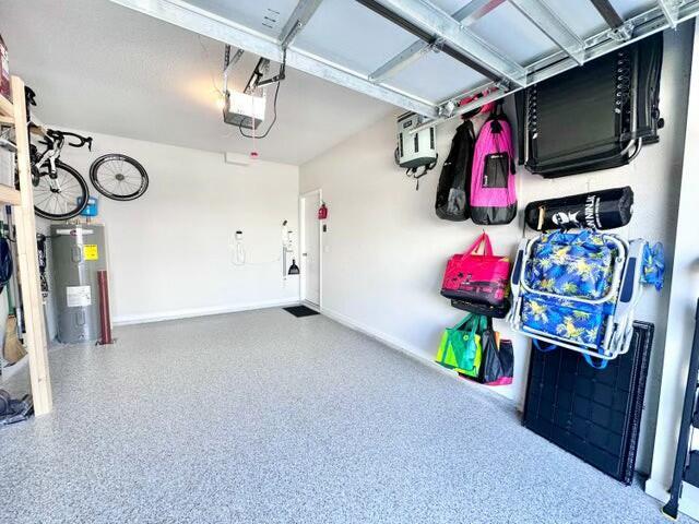 garage featuring a garage door opener and water heater