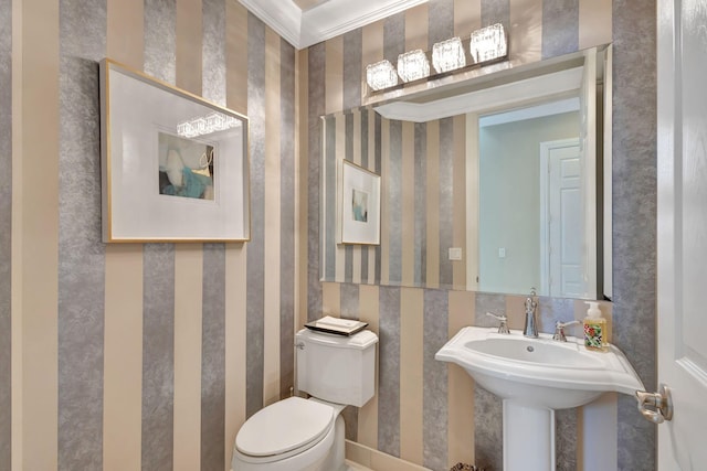 bathroom with sink, ornamental molding, and toilet