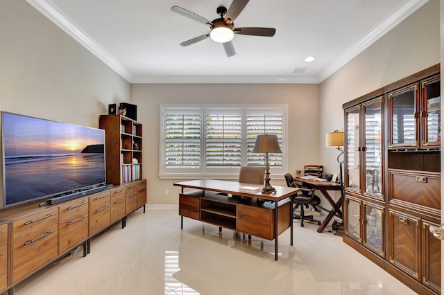 tiled office featuring crown molding and ceiling fan