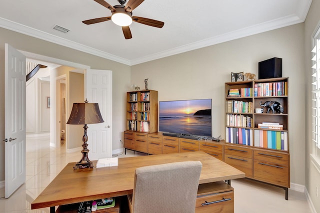 home office with light tile patterned floors, crown molding, and ceiling fan