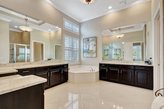 bathroom featuring crown molding, vanity, independent shower and bath, a notable chandelier, and tile patterned flooring