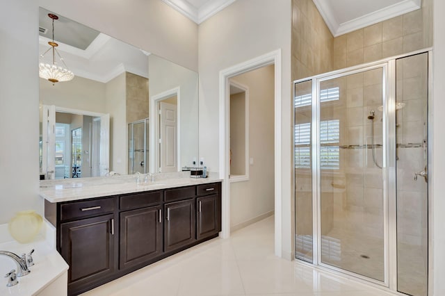 bathroom with shower with separate bathtub, a chandelier, tile patterned flooring, ornamental molding, and vanity