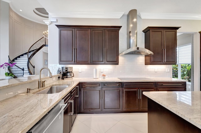 kitchen with tasteful backsplash, sink, stainless steel dishwasher, black electric stovetop, and wall chimney range hood