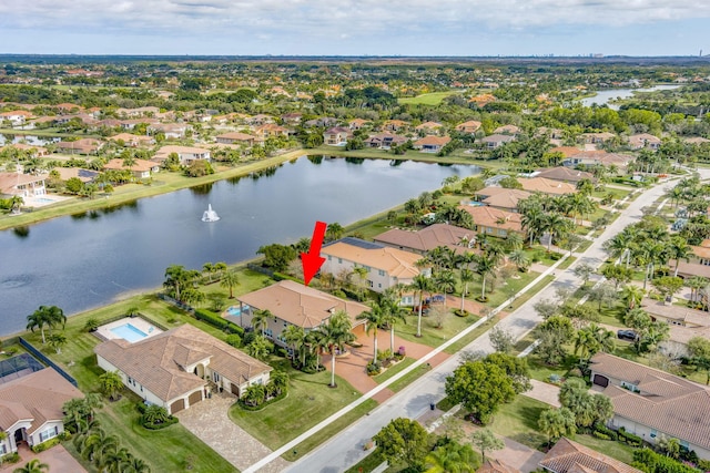 aerial view featuring a water view