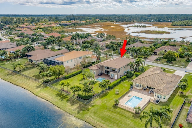 aerial view featuring a water view