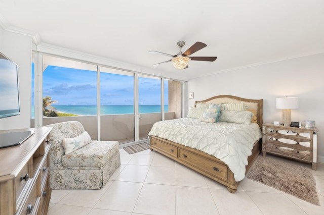 tiled bedroom featuring access to outside, ornamental molding, ceiling fan, and a water view