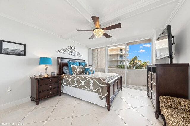 tiled bedroom featuring crown molding, access to outside, and ceiling fan