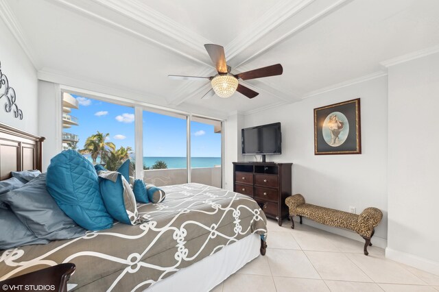 tiled bedroom with crown molding, ceiling fan, and beam ceiling