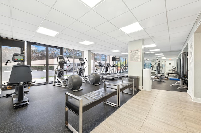 workout area with a wall of windows and a paneled ceiling