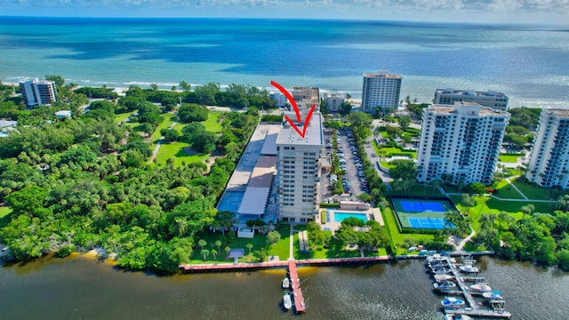 aerial view featuring a water view