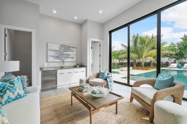 living room featuring wet bar