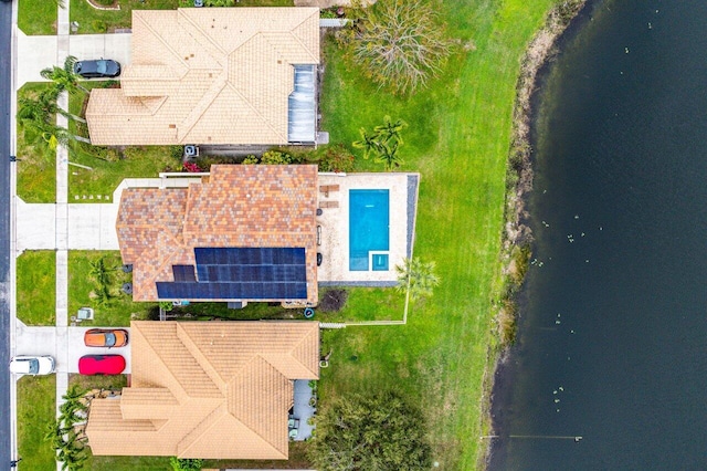 drone / aerial view featuring a water view