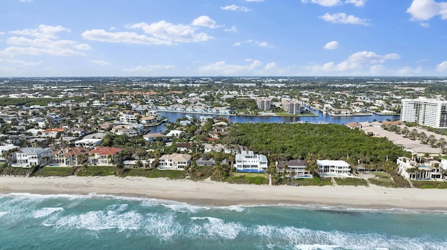 aerial view featuring a water view and a beach view