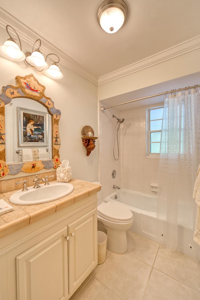 full bathroom with toilet, crown molding, tiled shower / bath, vanity, and tile patterned flooring