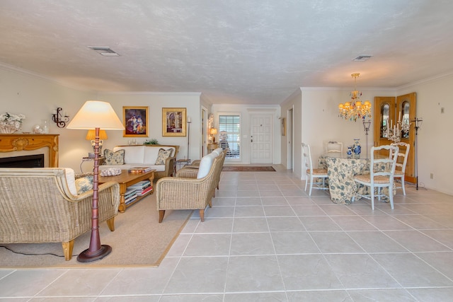 tiled living room with crown molding, a notable chandelier, and a textured ceiling