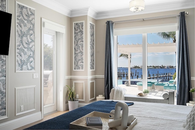 bedroom featuring access to exterior, tile patterned floors, crown molding, and a water view