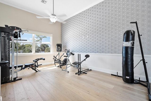 workout room featuring wood finished floors, a wainscoted wall, baseboards, a ceiling fan, and wallpapered walls