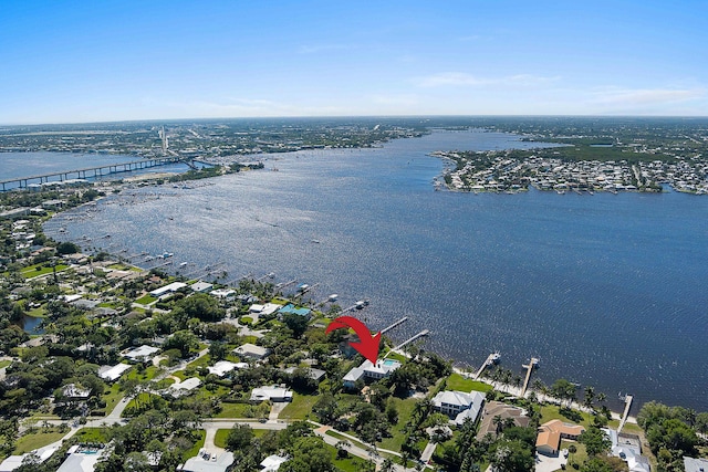 aerial view featuring a water view