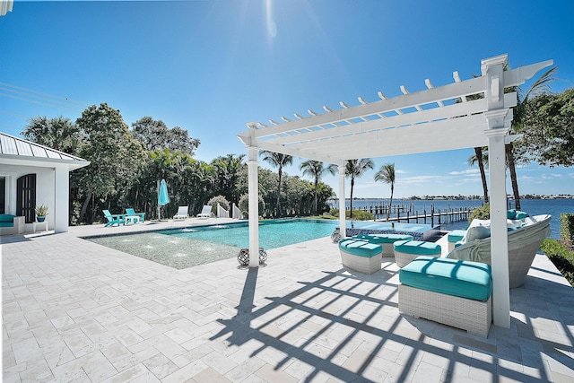 pool with outdoor lounge area, a patio area, a pergola, and a water view