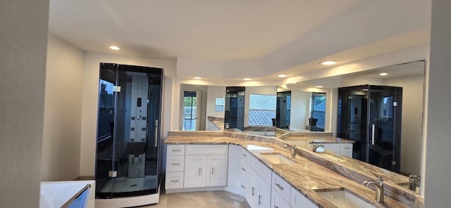 bathroom featuring walk in shower and vanity