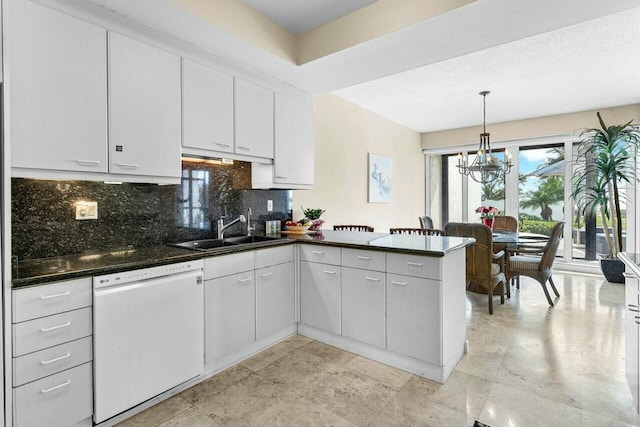 kitchen featuring dishwasher, sink, white cabinets, and kitchen peninsula