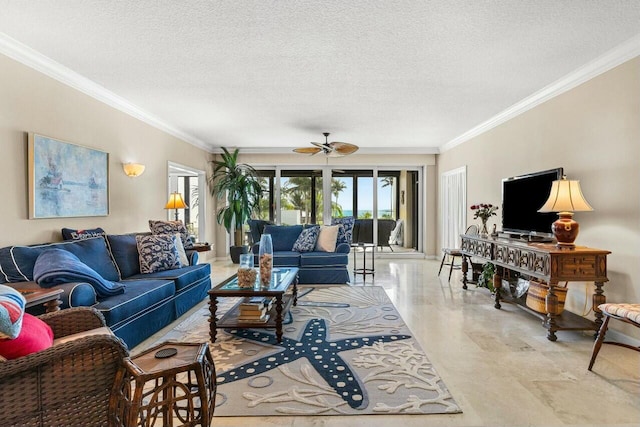 living room with ceiling fan, crown molding, and a textured ceiling