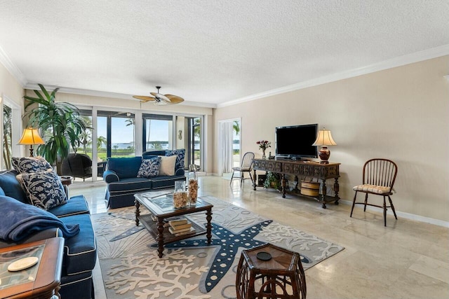 living room with crown molding, plenty of natural light, and a textured ceiling