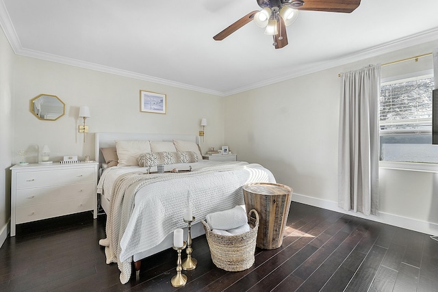 bedroom featuring crown molding, dark hardwood / wood-style floors, and ceiling fan