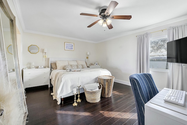 bedroom featuring crown molding, dark hardwood / wood-style floors, and ceiling fan