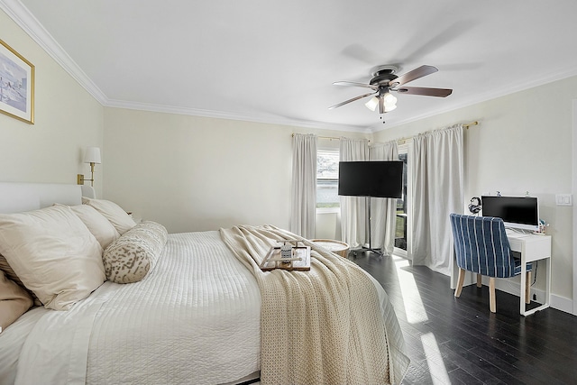 bedroom with ornamental molding, access to outside, ceiling fan, and dark hardwood / wood-style flooring