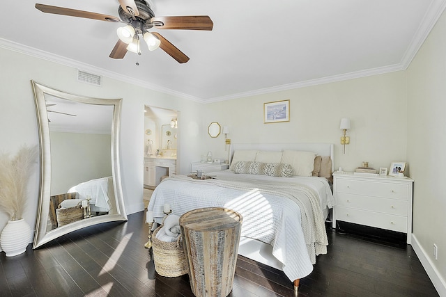 bedroom with ornamental molding, dark hardwood / wood-style floors, ceiling fan, and ensuite bathroom