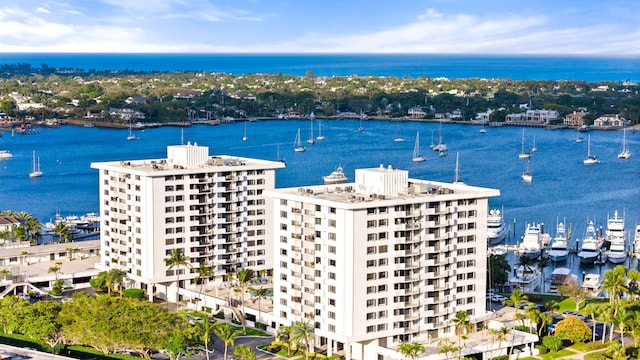 bird's eye view with a water view