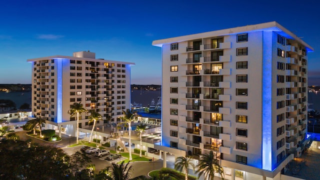 outdoor building at dusk with a water view