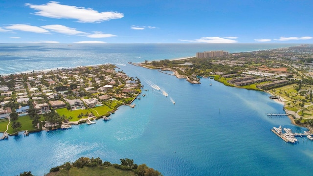 drone / aerial view featuring a water view