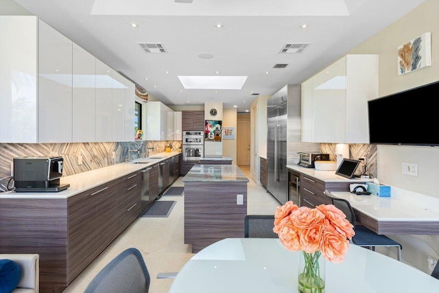 kitchen with white cabinetry, backsplash, dark brown cabinets, a skylight, and stainless steel appliances