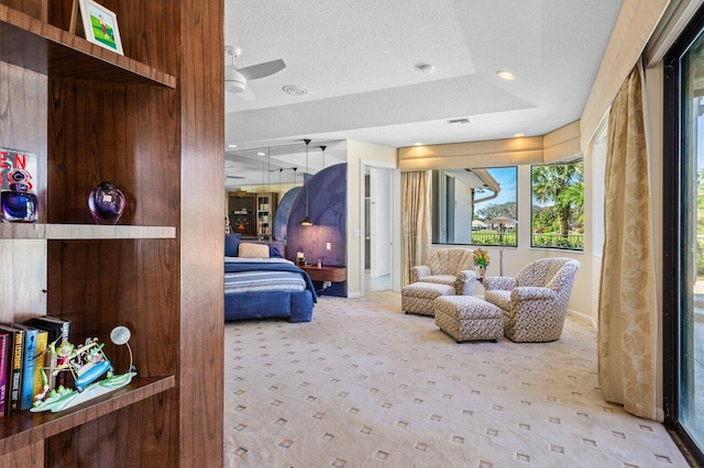 carpeted bedroom with a textured ceiling