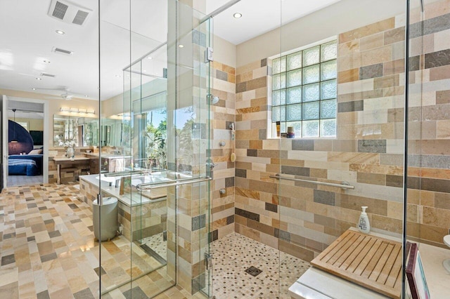 bathroom featuring vanity and a shower with door