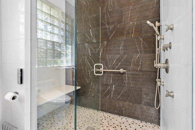 bathroom featuring a shower with shower door