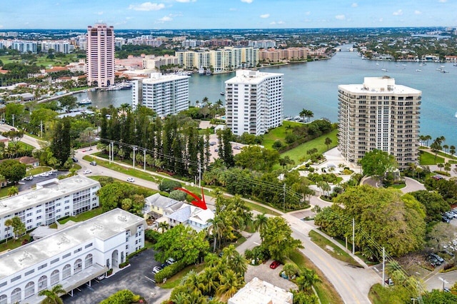 drone / aerial view with a water view